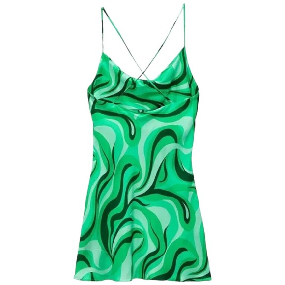 Zara Safia Dress Micro Mini 70s Inspired Criss Cross Straps Abstract Green Small - Picture 2 of 15